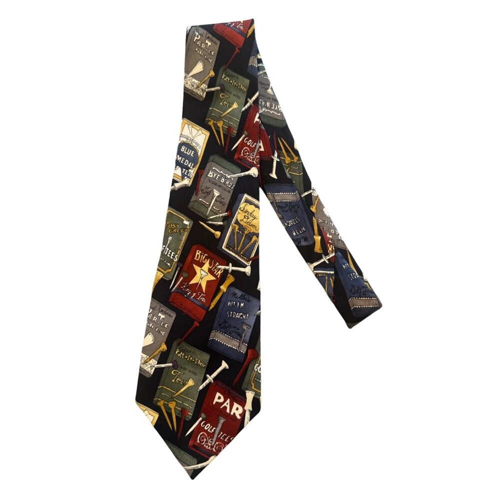 Nicole Miller 1996 Golf Themed Necktie With Vintage Golf Tees & Clubs Print In M
